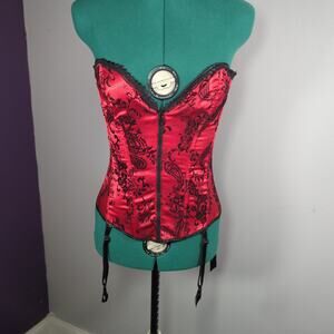 Frederick’s of Hollywood Red Black Corset Bustier Goth Burlesque Garter Lace Up